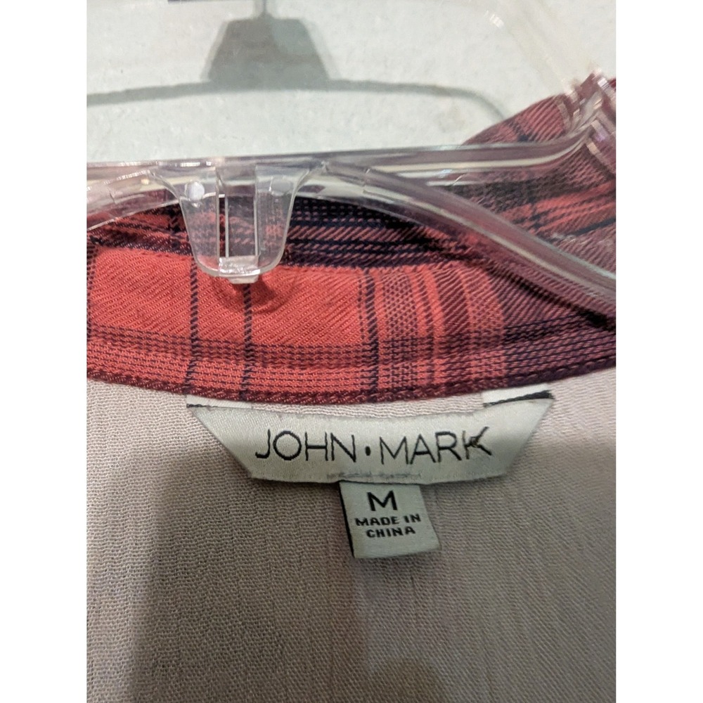 Womens John Mark Mixed Media Plaid Floral Embroidered Button Down Top Red Med - Picture 4 of 15